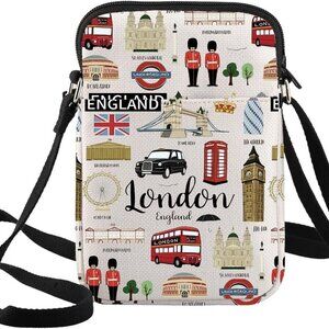 London Travel Tote Cotton Crossbody Bag ZIP Pockets Adjustable Strap Gift